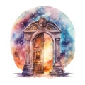 Fantasy watercolor magical colorful door to the space illustration