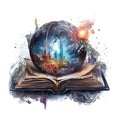 Fantasy watercolor open book of fantasy magical world illustration