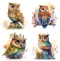 Fantasy watercolor painting, colorful owl with fairytale town, digital illustration