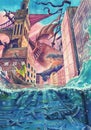 Fantasy watercolor urban landscape painting with natural disaster, flood illustration art, calamity with water in town, building