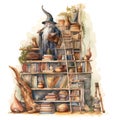 Fantasy watercolor wizard with books in library illustration