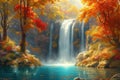 Fantasy waterfall with autumn trees and beautiful flowers, idyllic landscape