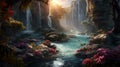 Fantasy waterfall with autumn trees and beautiful flowers, serene idyllic landscape