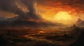 Fantasy Waterfall: A Dark Orange And Light Gold Landscape