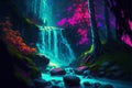 Fantasy waterfall in deep forest with neon lights. Vector illustration.