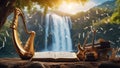 Fantasy waterfall of music, with a landscape of musical instruments and notes, with a Dry Nur waterfall harp and music book