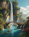 Fantasy Waterfall Oasis with Rainbow Royalty Free Stock Photo