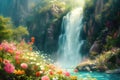 Fantasy waterfall with trees and beautiful flowers, idyllic landscape