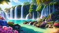 Fantasy waterfall with trees and beautiful flowers, idyllic landscape