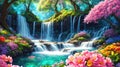 Fantasy waterfall with trees and beautiful flowers, idyllic landscape