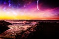 Fantasy Wavy Ocean With Planets And Channel Water