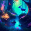 fantasy and whimsical forest with magical creatures, glowing plants and flowing river illustration