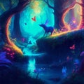fantasy and whimsical forest with magical creatures, glowing plants and flowing river illustration