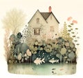 Fantasy whimsical watercolor illustration of a house surrounded by trees, plants and fish. Digital painting, retro style