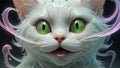 Fantasy white cat with green eyes and long whiskers. 3D rendering