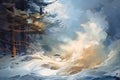 Fantasy Winter Forest Landscape With Pine Trees And Snow. Digital Painting, Digital Abstract Impressionism Painting Of Tidal Wave