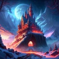 Fantasy winter landscape with fairy tale castle. Vector illustration in cartoon style. AI Generated Royalty Free Stock Photo