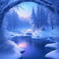 Fantasy winter landscape with a frozen river and snow-covered trees Generative AI Royalty Free Stock Photo