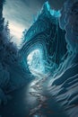 Fantasy winter landscape with ice cave. Generative AI