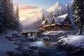 Fantasy winter landscape with wooden houses in the mountains. Digital painting. A cozy log cabin in a winter forest, AI Generated Royalty Free Stock Photo