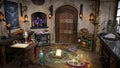 Fantasy wizard study with books, glowing potions, and magical artifacts in rustic room, vertical Royalty Free Stock Photo