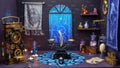 Fantasy wizard study room with glowing books, scrolls, magical tools, and moonlight. Cozy and Royalty Free Stock Photo