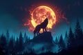 fantasy wolf werewolf howls at full moon on top of mountain in the forest at night