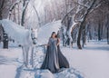 Fantasy woman elf goddess walk with mythical white horse Pegasus with white wings in winter forest. Long medieval in Royalty Free Stock Photo