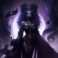 Fantasy woman evil princess on the background of the moon, dark magic around a purple long dress. Sexy witch. Gothic brunette Royalty Free Stock Photo