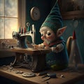 Fantasy woman gnome in green clothes sewing on machine near window at home. Handmade concept. AI generative