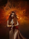 Fantasy woman goddess in a gold dress, a crown on head. Girl queen in the image of the burning sun of the universe