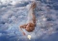 Fantasy woman holy goddess lies dreaming on white clouds, girl in image of zodiac sign Virgo. Astrological symbol