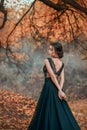 Fantasy woman lady in a black lace dress. bare open sexy back against background of an autumn forest. Elegant vintage Royalty Free Stock Photo