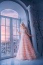 Fantasy woman princess stands near window castle white room. Girl looking outdoor with hope Royalty Free Stock Photo