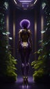 fantasy woman in a purple suit with golden decorations, inside a building full of plants, generative ai illustration Royalty Free Stock Photo