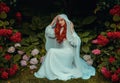 Fantasy woman in white vintage dress head covered with veil. Red-haired girl queen Medieval princess bride sits in