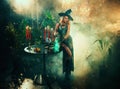 Fantasy woman witch creates magic dark gothic room full smoke sparkles candles burning magical light sexy witch girl