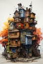 fantasy wooden building in watercolor design