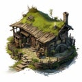 Fantasy Wooden Hobbit Shack With Grass Roof - Detailed Game Model