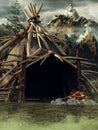 Fantasy wooden hut with a bonfire