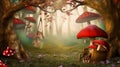 fantasy woods house from wonderland world with huge mushrooms like umbrellas and fancy trees Royalty Free Stock Photo