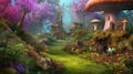 fantasy woods house from wonderland world with huge mushrooms like umbrellas and fancy trees Royalty Free Stock Photo