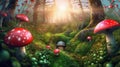 fantasy woods house from wonderland world with huge mushrooms like umbrellas and fancy trees Royalty Free Stock Photo
