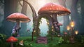 fantasy woods house from wonderland world with huge mushrooms like umbrellas and fancy trees Royalty Free Stock Photo