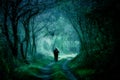 Fantasy woods, people silhouettes on a forest path Royalty Free Stock Photo