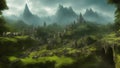 Fantasy world. A beautiful city with houses in a valley against the backdrop of high mountains and heavy fog. Royalty Free Stock Photo