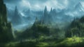 Fantasy world. A beautiful village with houses and tall towers against the backdrop of high mountains and heavy fog. Royalty Free Stock Photo