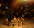 Fantasy world. Black crow lit by magic light sitting on golden crown, bokeh effect