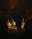 Fantasy world. Black crow sitting on golden crown, bokeh effect