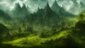 Fantasy world. A city with houses and towers against the backdrop of high mountains and heavy fog. Green grass in the village.